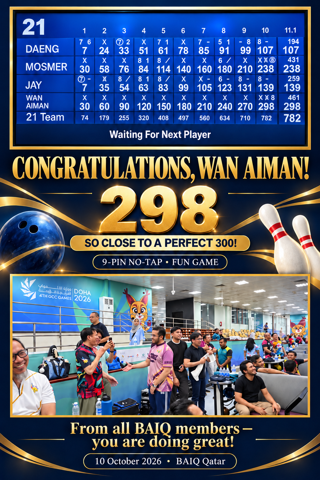 Wan Aiman meraih 298 pada fun game 9-pin no-tap BAIQ